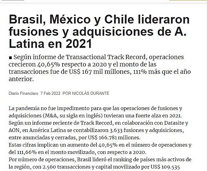 Brasil, Mxico y Chile lideraron fusiones y adquisiciones de A. Latina en 2021